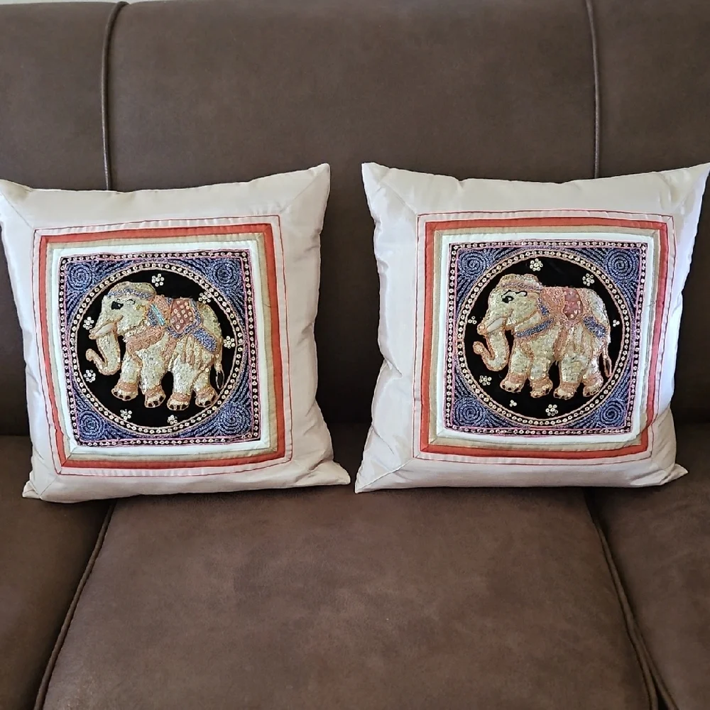 Throw Pillow Cover Set Elegant Thai Elephant Sequin Embroidered Set - 1980's